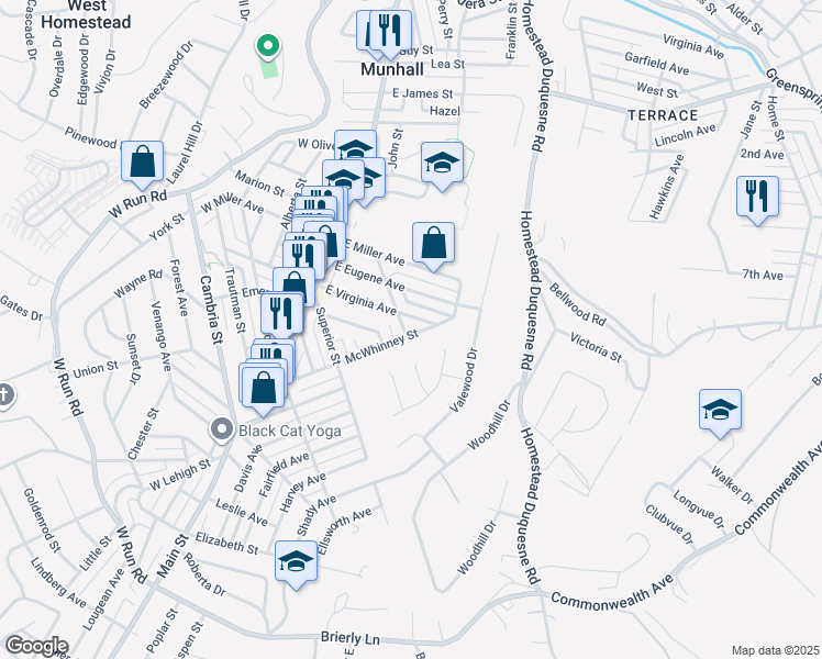 map of restaurants, bars, coffee shops, grocery stores, and more near 3513 McWhinney Street in Munhall