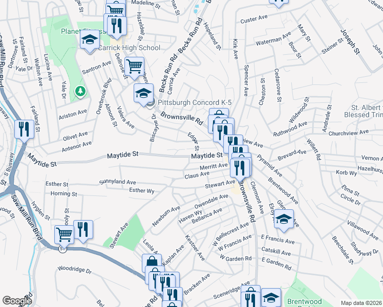 map of restaurants, bars, coffee shops, grocery stores, and more near 120 Maytide Street in Pittsburgh
