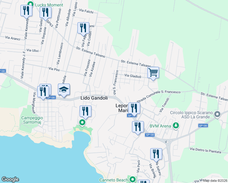 map of restaurants, bars, coffee shops, grocery stores, and more near 5 Via San Francesco in Leporano Marina