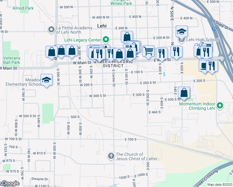 map of restaurants, bars, coffee shops, grocery stores, and more near 15 East 300 South in Lehi