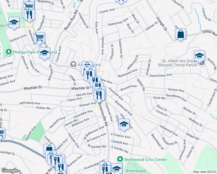 map of restaurants, bars, coffee shops, grocery stores, and more near 2735 Pyramid Avenue in Brentwood