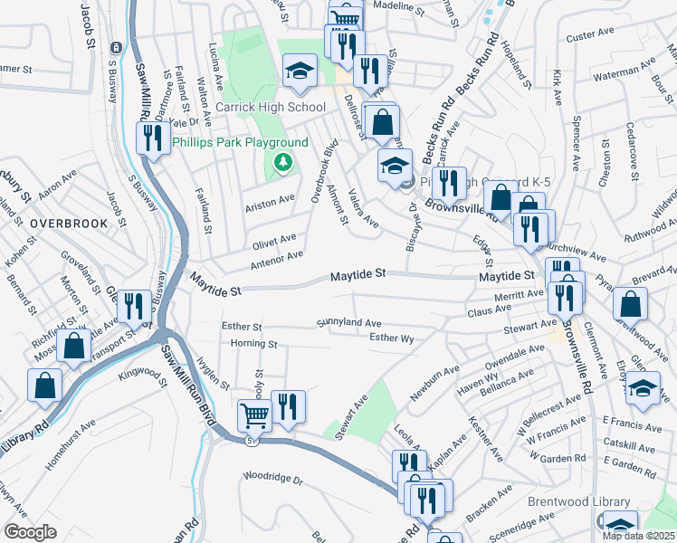 map of restaurants, bars, coffee shops, grocery stores, and more near 410 Maytide Street in Pittsburgh