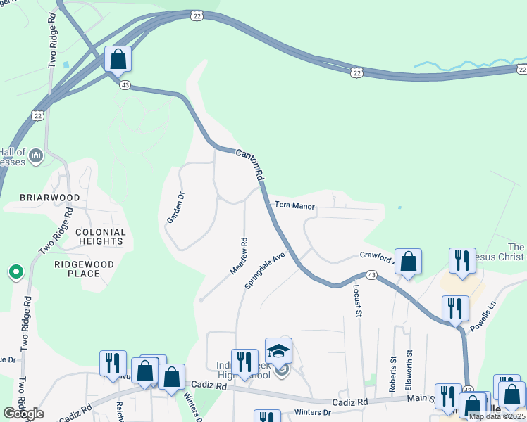 map of restaurants, bars, coffee shops, grocery stores, and more near 601 Canton Road in Steubenville