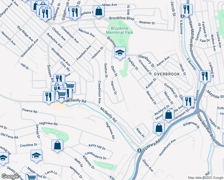map of restaurants, bars, coffee shops, grocery stores, and more near 1752 Harcor Drive in Pittsburgh