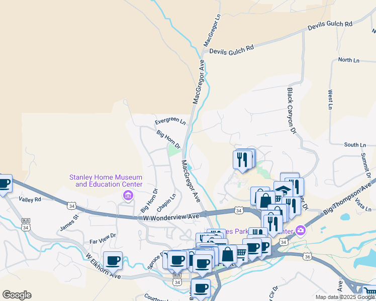 map of restaurants, bars, coffee shops, grocery stores, and more near 660 Macgregor Avenue in Estes Park