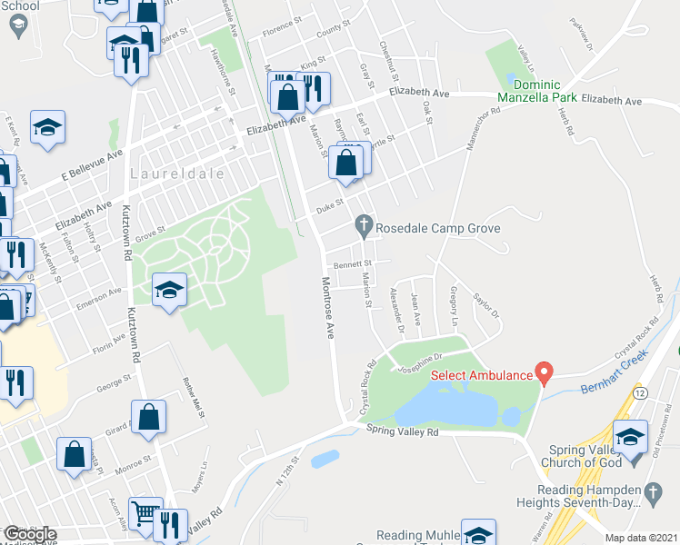 map of restaurants, bars, coffee shops, grocery stores, and more near 1500 Bennett Street in Laureldale