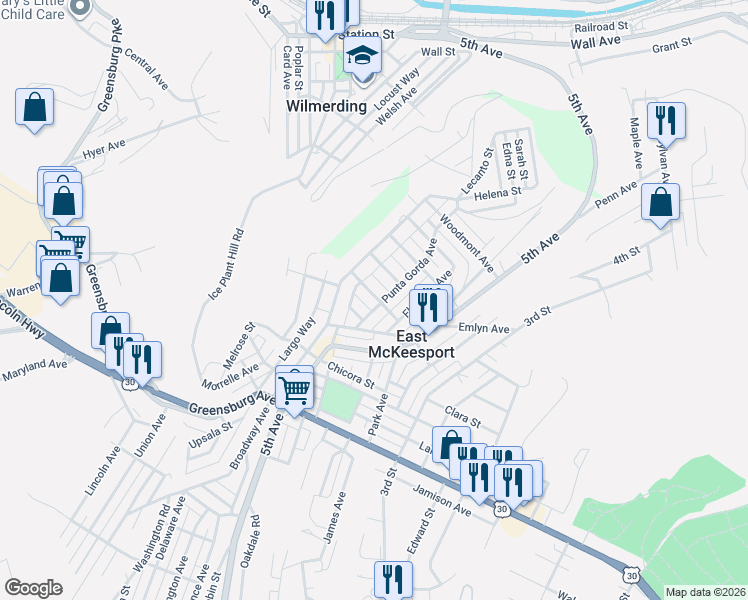 map of restaurants, bars, coffee shops, grocery stores, and more near 836 Punta Gorda Avenue in East McKeesport