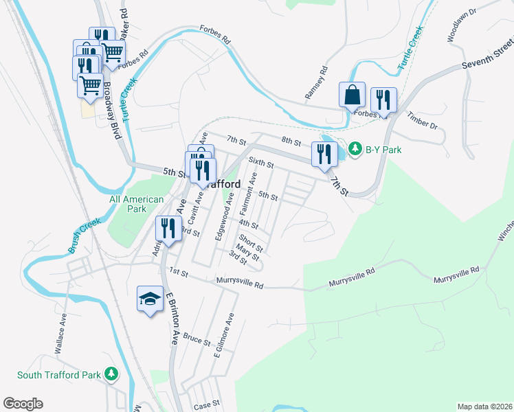 map of restaurants, bars, coffee shops, grocery stores, and more near 421 Gilmore Ave in Trafford