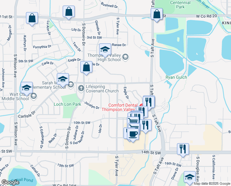 map of restaurants, bars, coffee shops, grocery stores, and more near 713A South Tyler Avenue in Loveland