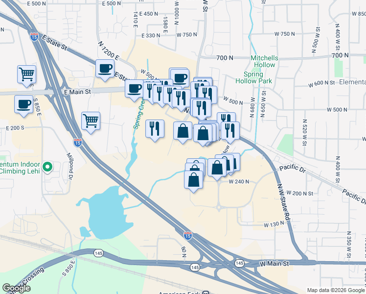 map of restaurants, bars, coffee shops, grocery stores, and more near 885 West Grassland Drive in American Fork