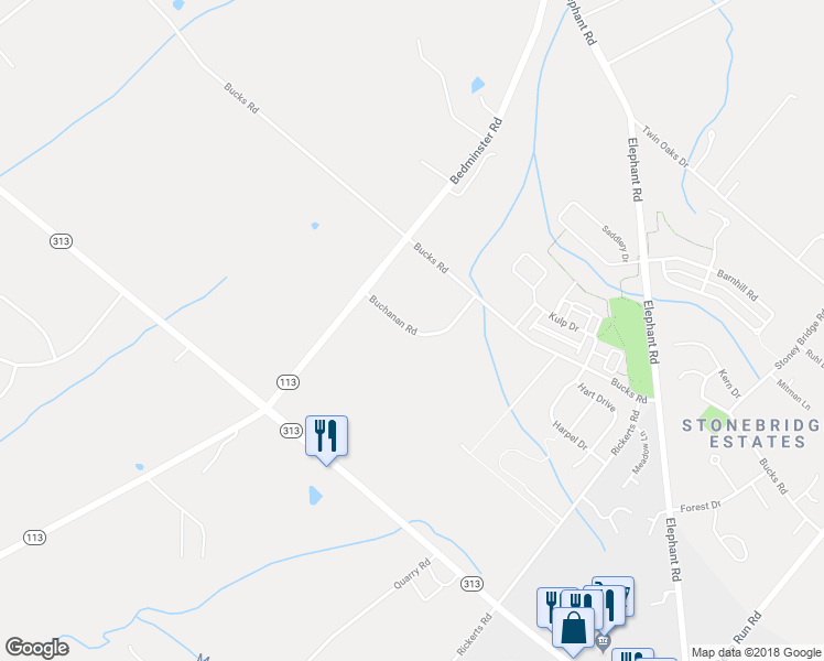 map of restaurants, bars, coffee shops, grocery stores, and more near Buchanan Road in Perkasie