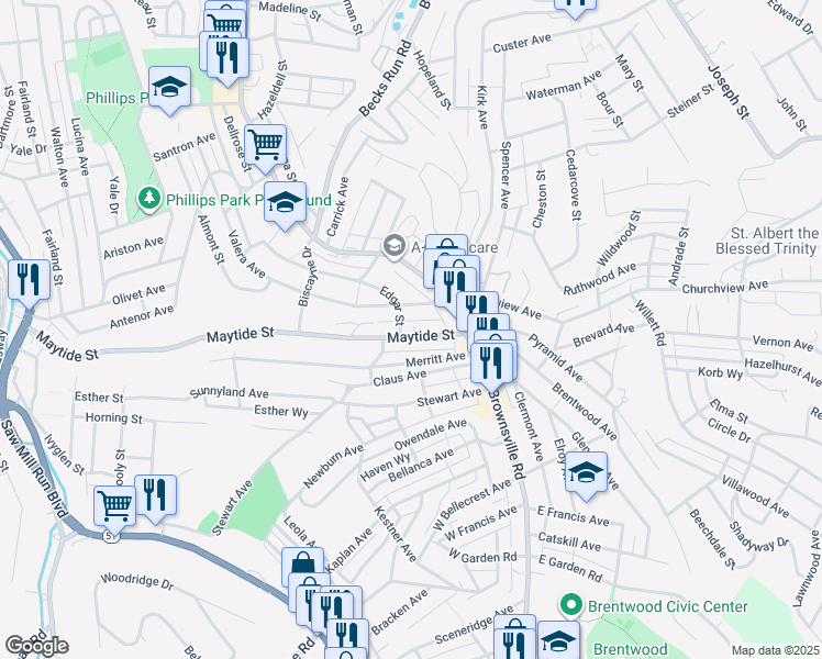 map of restaurants, bars, coffee shops, grocery stores, and more near 46 Maytide Street in Pittsburgh