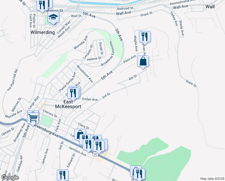 map of restaurants, bars, coffee shops, grocery stores, and more near 627 3rd St in North Versailles