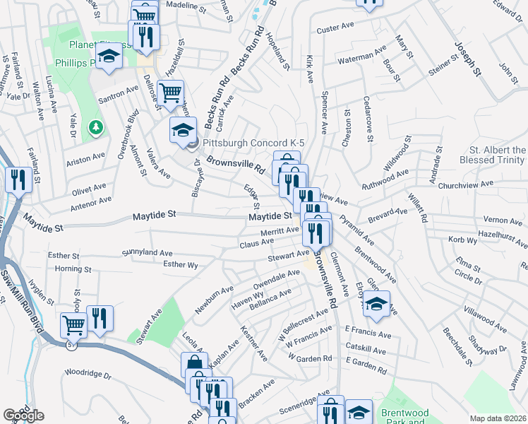 map of restaurants, bars, coffee shops, grocery stores, and more near 46 Maytide Street in Pittsburgh