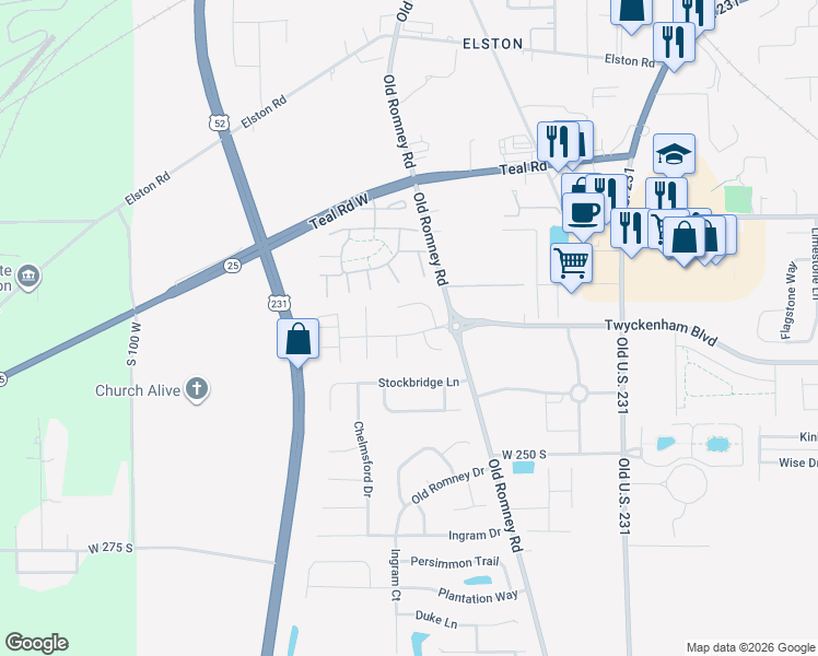 map of restaurants, bars, coffee shops, grocery stores, and more near 312B Brunswick Drive in Lafayette
