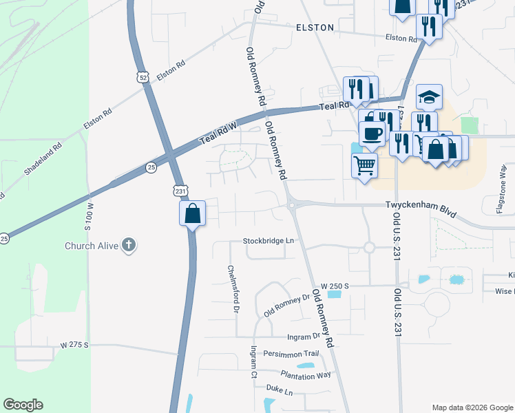 map of restaurants, bars, coffee shops, grocery stores, and more near 312B Brunswick Drive in Lafayette
