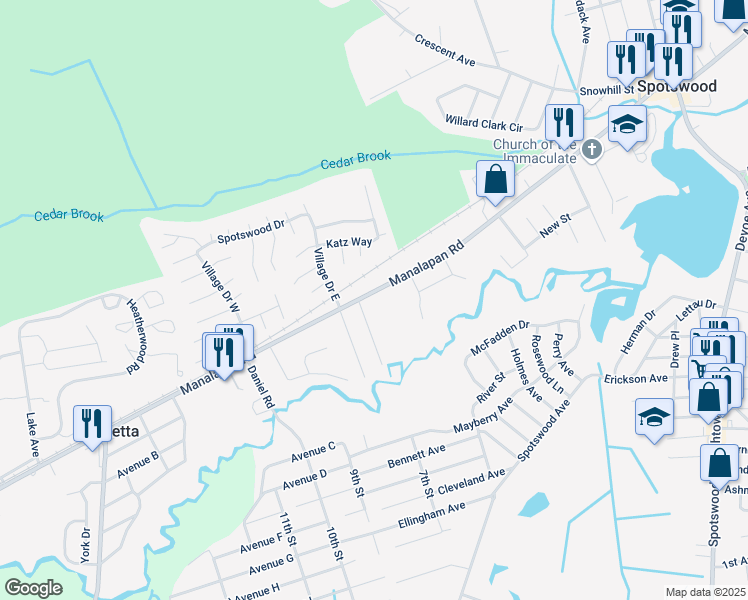 map of restaurants, bars, coffee shops, grocery stores, and more near 327 Manalapan Road in Spotswood