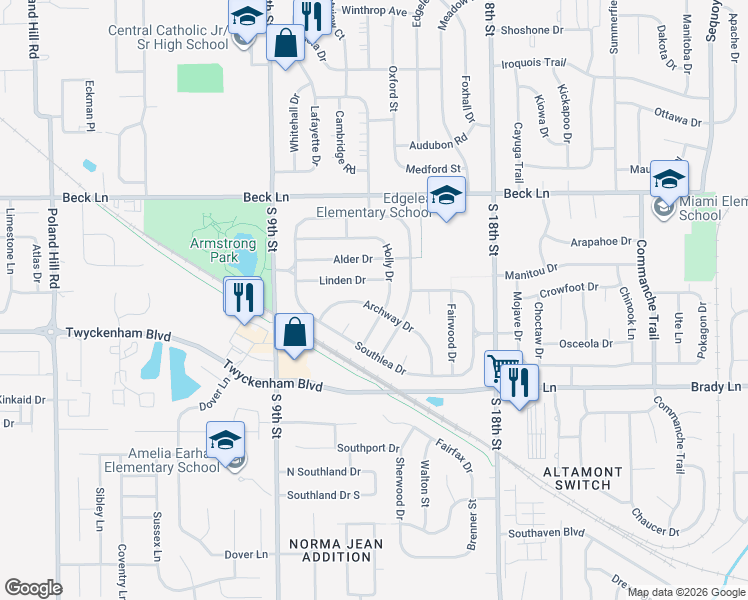 map of restaurants, bars, coffee shops, grocery stores, and more near 1044 Archway Drive in Lafayette