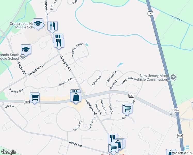 map of restaurants, bars, coffee shops, grocery stores, and more near 21 Jeffrey Circle in South Brunswick Township
