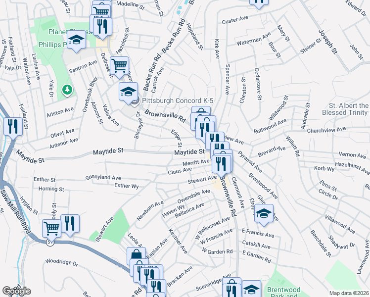 map of restaurants, bars, coffee shops, grocery stores, and more near 46 Maytide Street in Pittsburgh