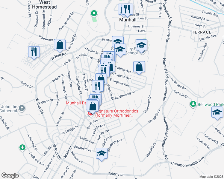 map of restaurants, bars, coffee shops, grocery stores, and more near 120 Kennedy Avenue in Munhall
