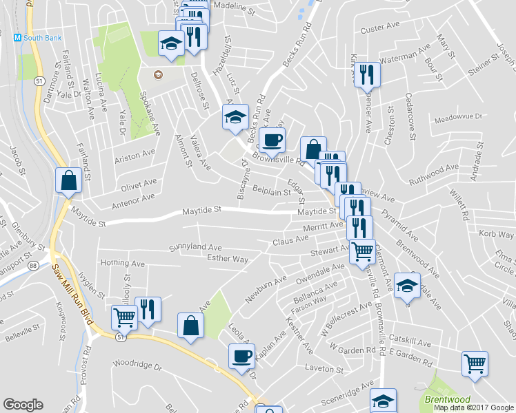 map of restaurants, bars, coffee shops, grocery stores, and more near 226 Maytide Street in Pittsburgh