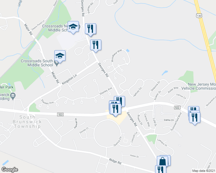 map of restaurants, bars, coffee shops, grocery stores, and more near 9 Stanley Avenue in South Brunswick Township