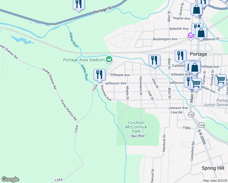 map of restaurants, bars, coffee shops, grocery stores, and more near 1499 Conemaugh Ave in Portage
