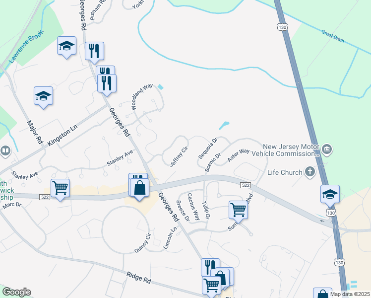 map of restaurants, bars, coffee shops, grocery stores, and more near 40 Jeffrey Circle in South Brunswick Township