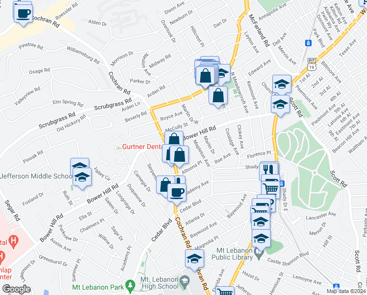 map of restaurants, bars, coffee shops, grocery stores, and more near 433 Marietta Place in Mount Lebanon