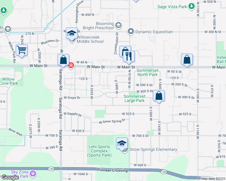 map of restaurants, bars, coffee shops, grocery stores, and more near 1834 West Grays Place in Lehi