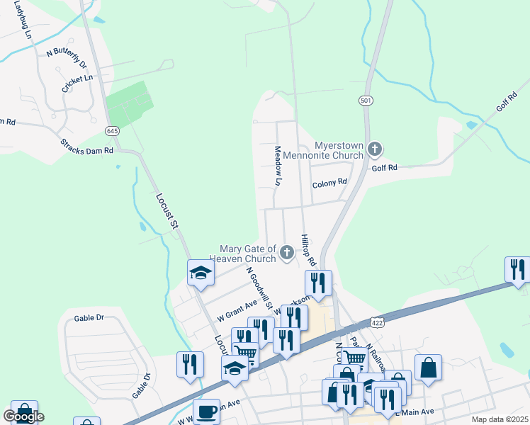 map of restaurants, bars, coffee shops, grocery stores, and more near 107 West Colonial Drive in Myerstown