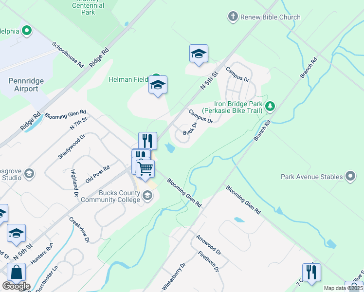 map of restaurants, bars, coffee shops, grocery stores, and more near 84 Deer Run Road in Perkasie