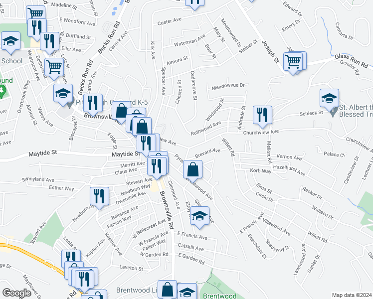 map of restaurants, bars, coffee shops, grocery stores, and more near 2816 Churchview Avenue in Pittsburgh