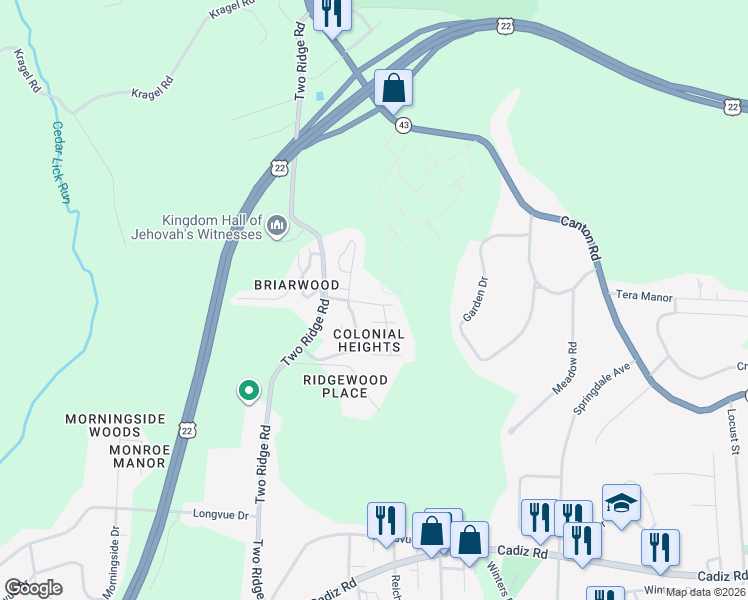 map of restaurants, bars, coffee shops, grocery stores, and more near 155 Concord Drive in Steubenville