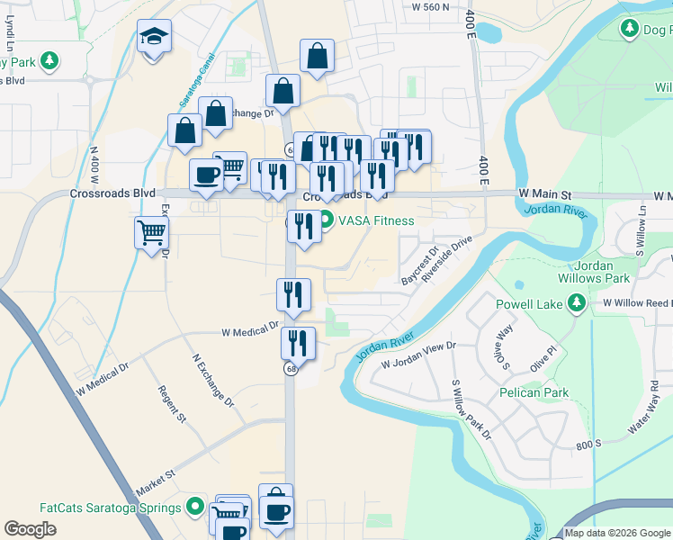map of restaurants, bars, coffee shops, grocery stores, and more near 1264 Commerce Drive in Saratoga Springs