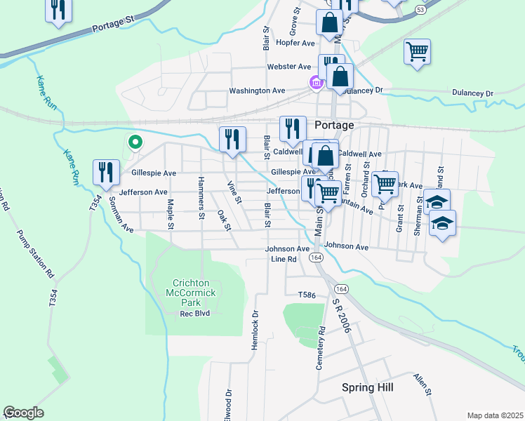 map of restaurants, bars, coffee shops, grocery stores, and more near 1002 Blair Street in Portage
