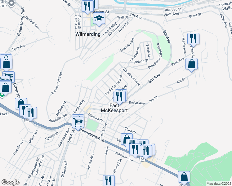 map of restaurants, bars, coffee shops, grocery stores, and more near 825 Florence Avenue in East McKeesport