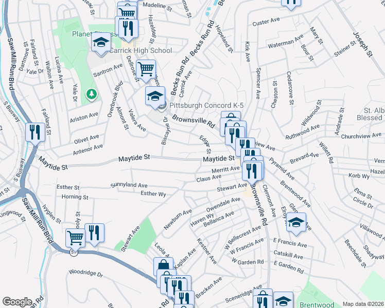 map of restaurants, bars, coffee shops, grocery stores, and more near 120 Maytide Street in Pittsburgh