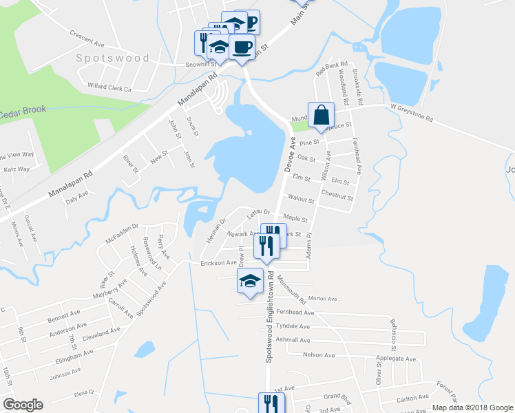 map of restaurants, bars, coffee shops, grocery stores, and more near 30 Lakeview Drive in Spotswood