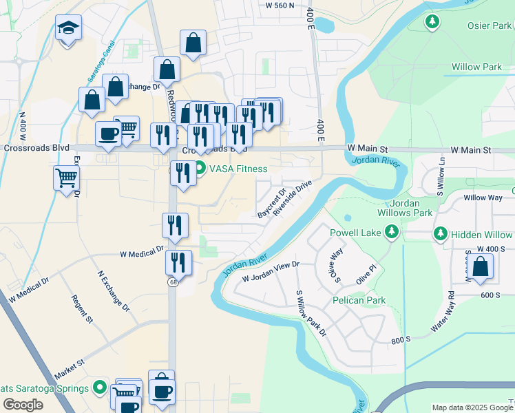 map of restaurants, bars, coffee shops, grocery stores, and more near 1244 Willowbrook Lane in Saratoga Springs