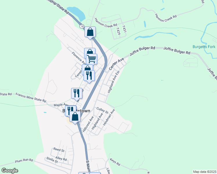 map of restaurants, bars, coffee shops, grocery stores, and more near 17 Elm Street in Burgettstown