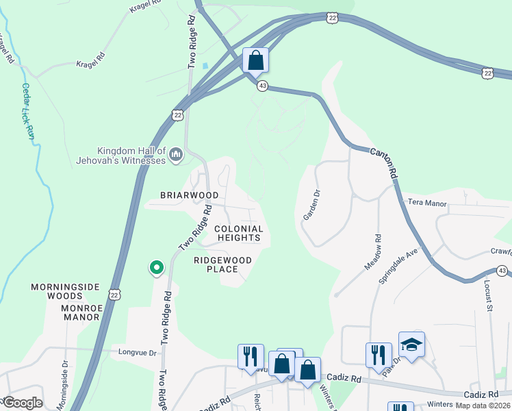 map of restaurants, bars, coffee shops, grocery stores, and more near 155 Concord Drive in Steubenville
