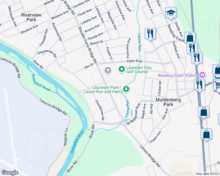 map of restaurants, bars, coffee shops, grocery stores, and more near 3241 Stoudts Ferry Bridge Road in Reading