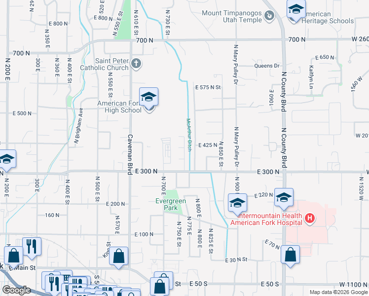 map of restaurants, bars, coffee shops, grocery stores, and more near 378 North 760 East in American Fork