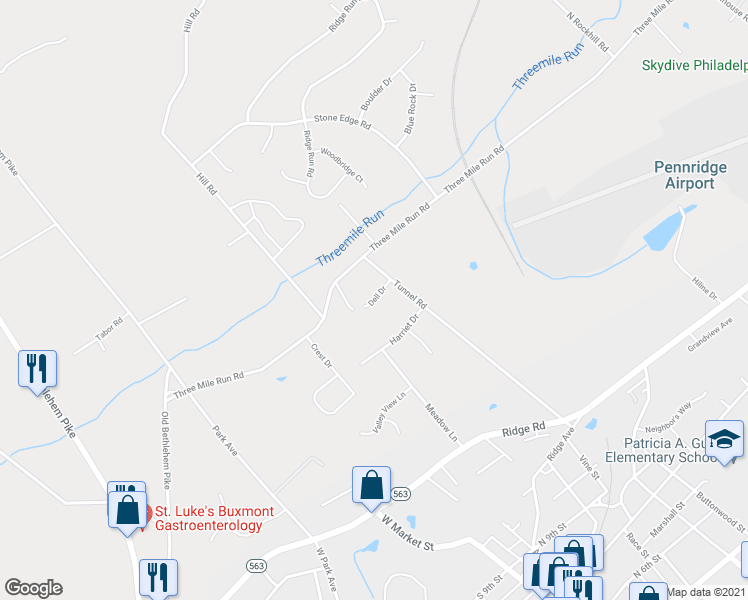 map of restaurants, bars, coffee shops, grocery stores, and more near 398 Dell Drive in Perkasie