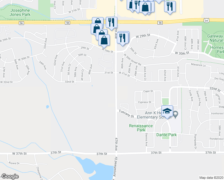 map of restaurants, bars, coffee shops, grocery stores, and more near 3215 47th Avenue in Greeley