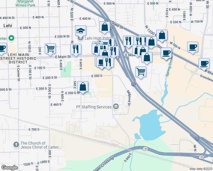 map of restaurants, bars, coffee shops, grocery stores, and more near 304 South 850 East in Lehi