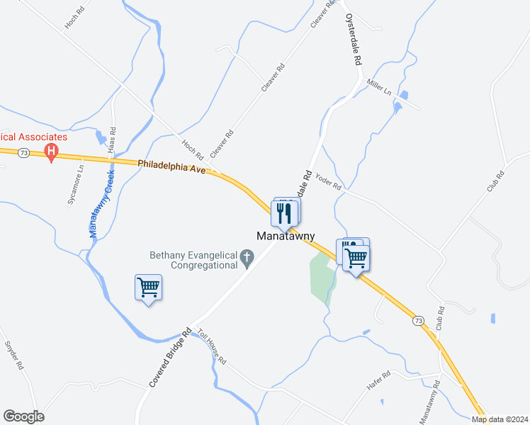 map of restaurants, bars, coffee shops, grocery stores, and more near 2714 West Philadelphia Avenue in Oley