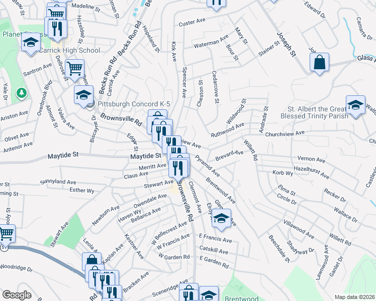 map of restaurants, bars, coffee shops, grocery stores, and more near 2735 Pyramid Avenue in Brentwood